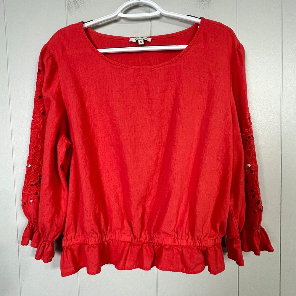 Linen Blend Blouse Women’s XL Coral Eyelet Sleeve Ruffle Top Anne Carson